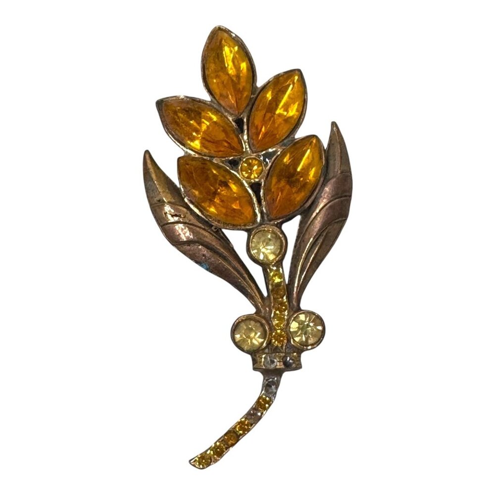 Vintage Amber Rhinestone Leaf Brooch Gold Tone Jewelry Unsigned Estate Statement